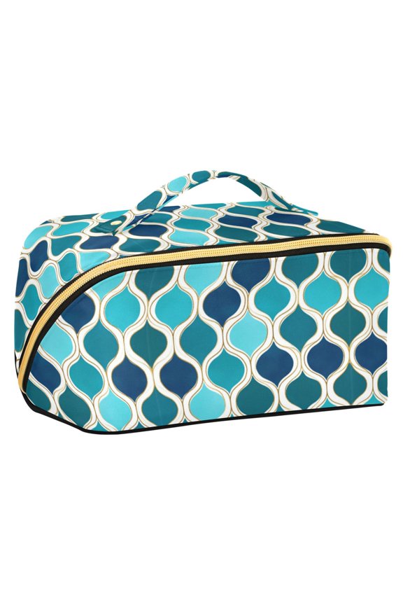 Makeup Bag Travel Cosmetic Organizer for Women Fold Flat Zipper Pouch with Handle, Blue Geometric Pattern