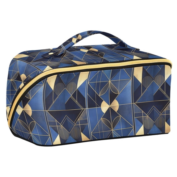 FORMRS Makeup Bag Travel Cosmetic Organizer for Women Fold Flat Zipper Pouch with Handle, Blue Geometric Pattern