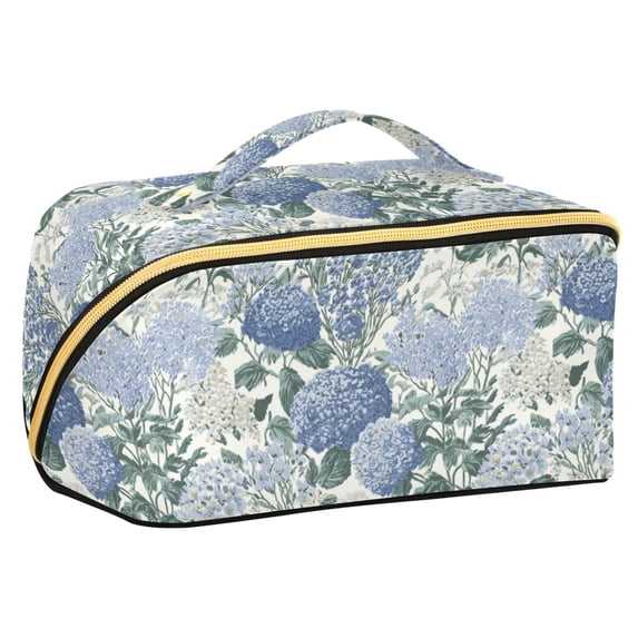 FORMRS Makeup Bag Travel Cosmetic Organizer for Women Fold Flat Zipper Pouch with Handle, Blue Hydrangeas Pattern