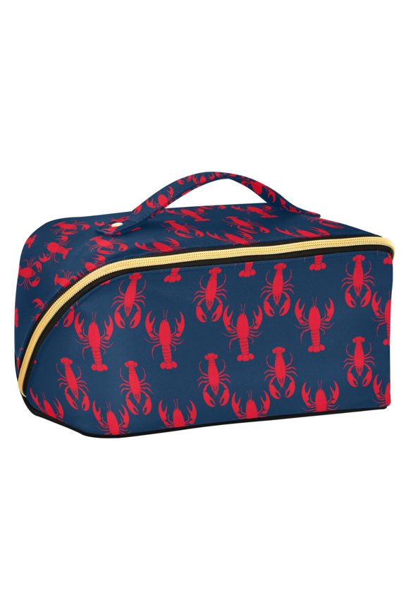 Makeup Bag Travel Cosmetic Organizer for Women Fold Flat Zipper Pouch with Handle, Blue Lobster Pattern
