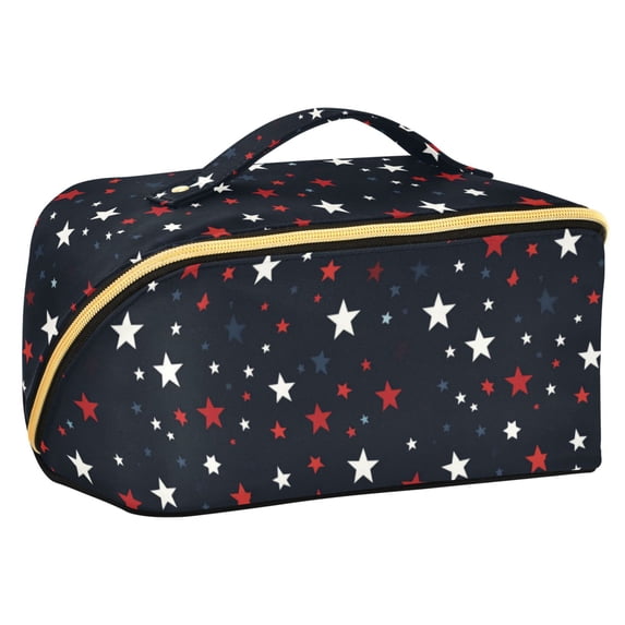 FORMRS Makeup Bag Travel Cosmetic Organizer for Women Fold Flat Zipper Pouch with Handle, Blue Stars Pattern