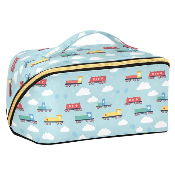 FORMRS Makeup Bag Travel Cosmetic Organizer for Women Fold Flat Zipper Pouch with Handle, Blue Trains Pattern