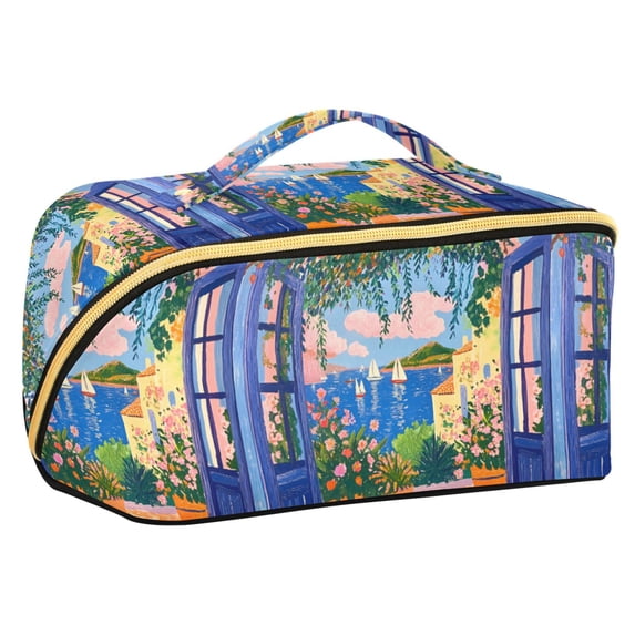 FORMRS Makeup Bag Travel Cosmetic Organizer for Women Fold Flat Zipper Pouch with Handle, Blue Window
