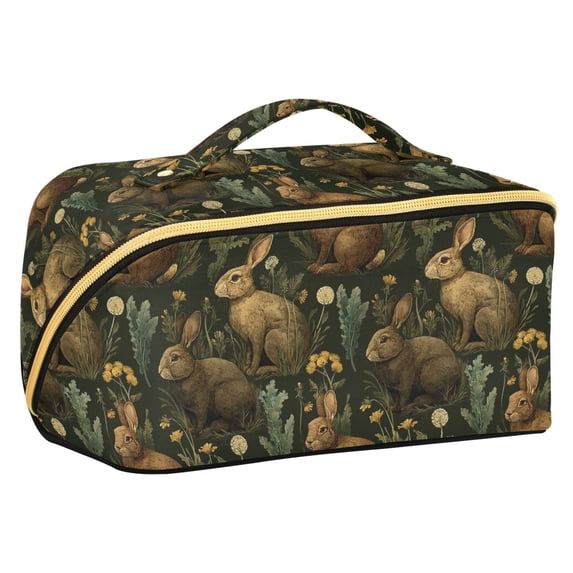 FORMRS Makeup Bag Travel Cosmetic Organizer for Women Fold Flat Zipper Pouch with Handle, Brown Floral Rabbits Pattern