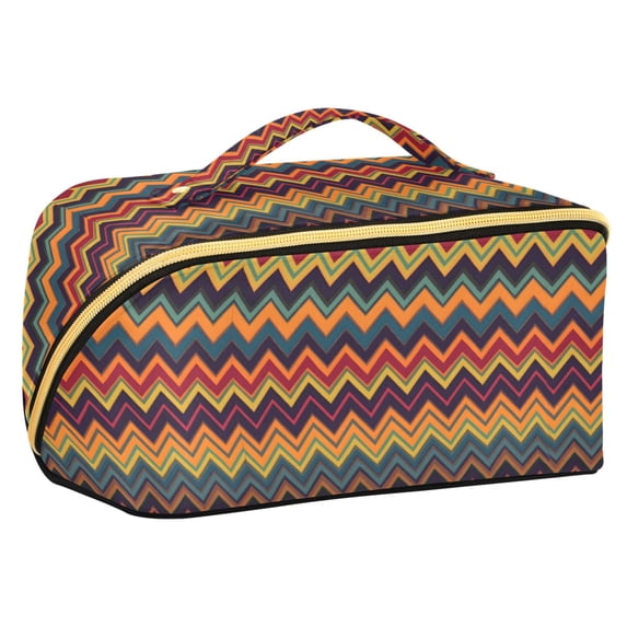 FORMRS Makeup Bag Travel Cosmetic Organizer for Women Fold Flat Zipper Pouch with Handle, Brown Geometric