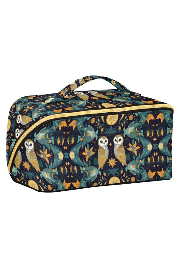 Makeup Bag Travel Cosmetic Organizer for Women Fold Flat Zipper Pouch with Handle, Brown Mystical Owls