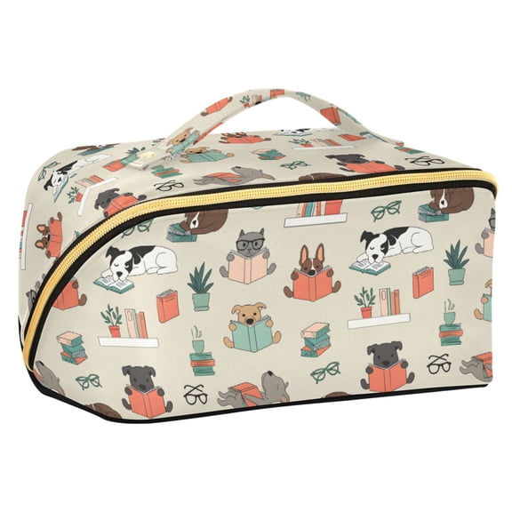 FORMRS Makeup Bag Travel Cosmetic Organizer for Women Fold Flat Zipper Pouch with Handle, Cartoon Dog Reading Pattern