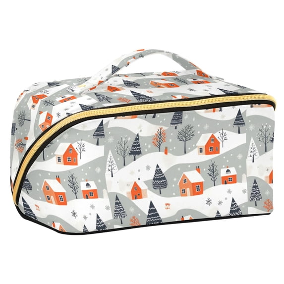 FORMRS Makeup Bag Travel Cosmetic Organizer for Women Fold Flat Zipper Pouch with Handle, Cartoon Orange Houses