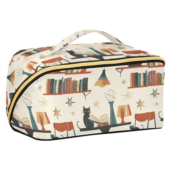 FORMRS Makeup Bag Travel Cosmetic Organizer for Women Fold Flat Zipper Pouch with Handle, Cats Reading Pattern