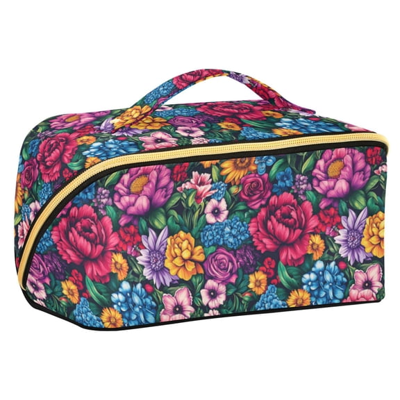 FORMRS Makeup Bag Travel Cosmetic Organizer for Women Fold Flat Zipper Pouch with Handle, Charming Floral Pattern