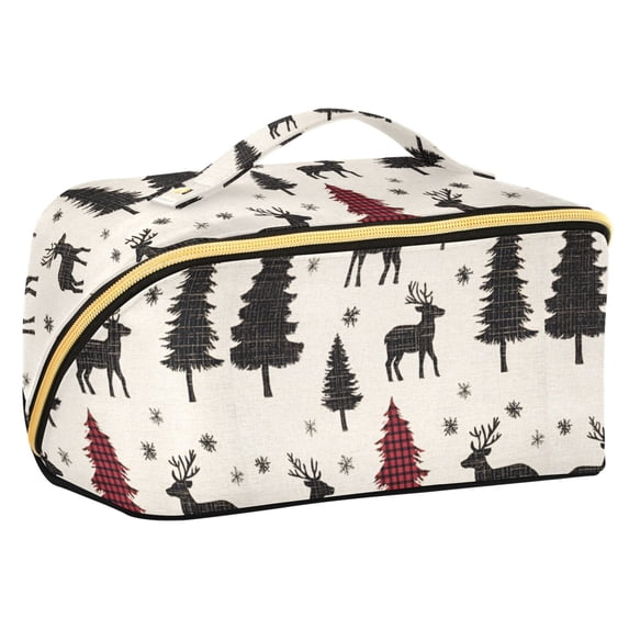 FORMRS Makeup Bag Travel Cosmetic Organizer for Women Fold Flat Zipper Pouch with Handle, Christmas Plaid Forest