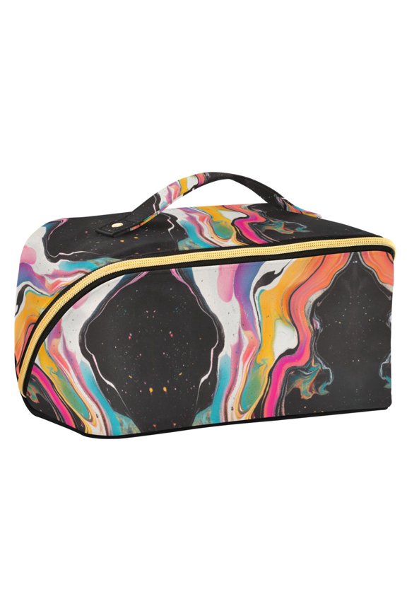 Makeup Bag Travel Cosmetic Organizer for Women Fold Flat Zipper Pouch with Handle, Colorful Black