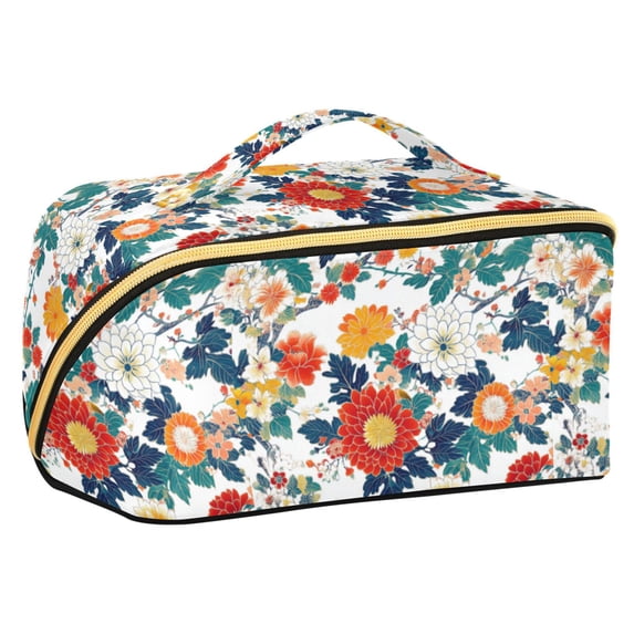 FORMRS Makeup Bag Travel Cosmetic Organizer for Women Fold Flat Zipper Pouch with Handle, Colorful Flowers Pattern