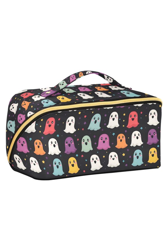 Makeup Bag Travel Cosmetic Organizer for Women Fold Flat Zipper Pouch with Handle, Colorful Halloween Ghost