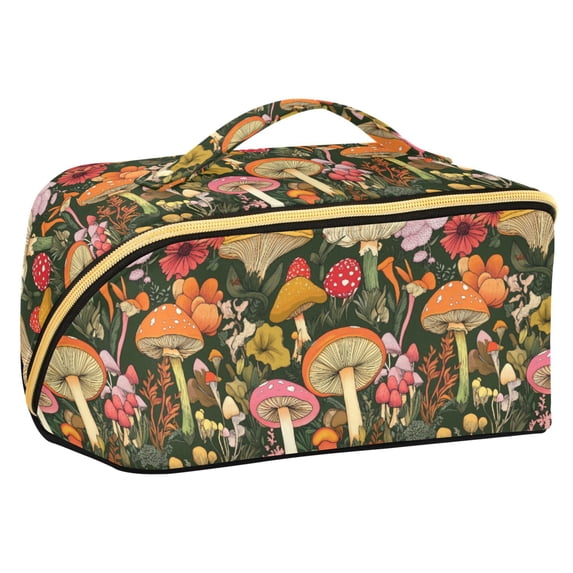 FORMRS Makeup Bag Travel Cosmetic Organizer for Women Fold Flat Zipper Pouch with Handle, Colorful Mushroom