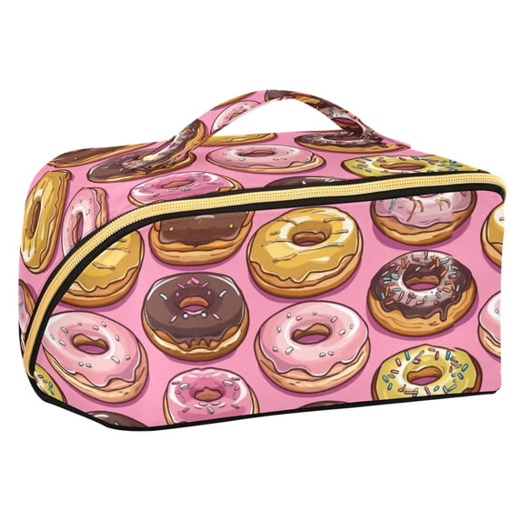 FORMRS Makeup Bag Travel Cosmetic Organizer for Women Fold Flat Zipper Pouch with Handle, Cute Doughnuts Pattern
