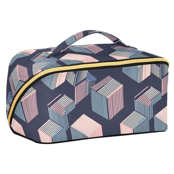 FORMRS Makeup Bag Travel Cosmetic Organizer for Women Fold Flat Zipper Pouch with Handle, Dark Cubes