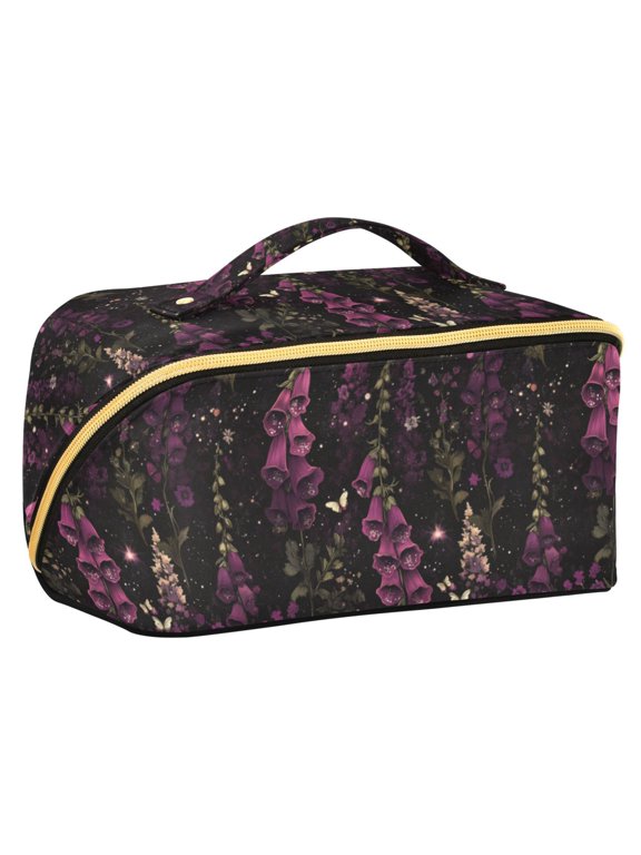 Makeup Bag Travel Cosmetic Organizer for Women Fold Flat Zipper Pouch with Handle, Dark Purple Floral Pattern