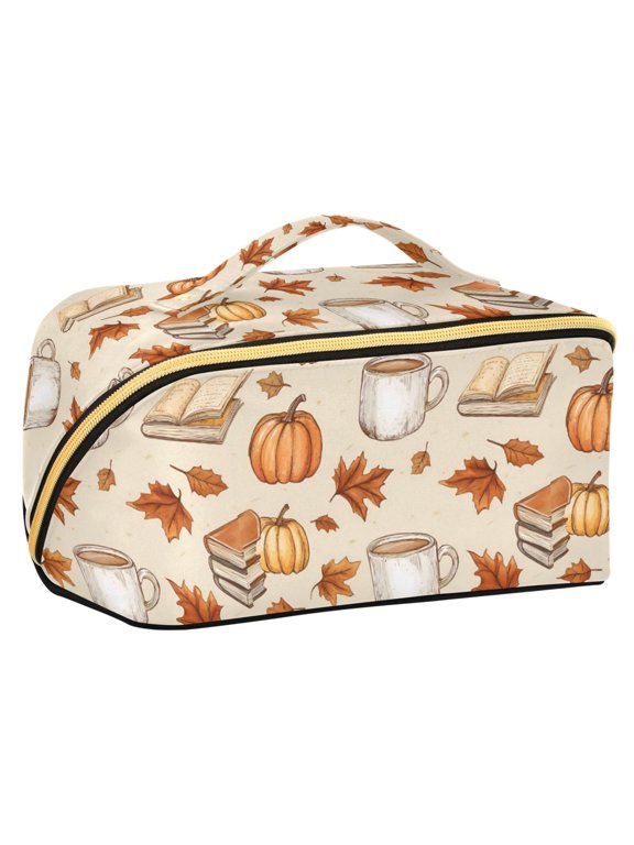 Makeup Bag Travel Cosmetic Organizer for Women Fold Flat Zipper Pouch with Handle, Fall Mug Pattern