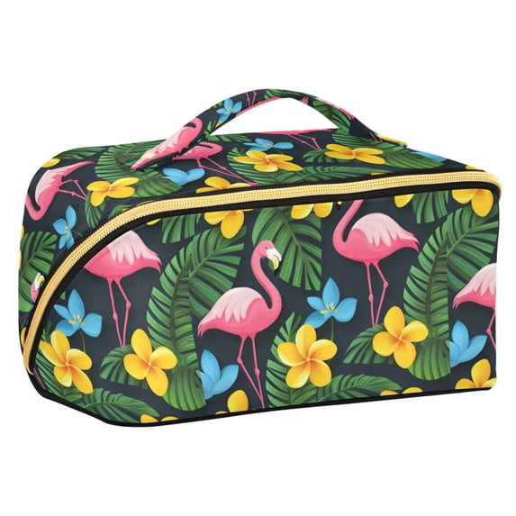 FORMRS Makeup Bag Travel Cosmetic Organizer for Women Fold Flat Zipper Pouch with Handle, Flamingo Floral Pattern