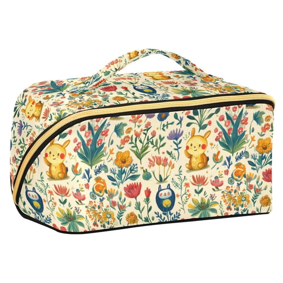 FORMRS Makeup Bag Travel Cosmetic Organizer for Women Fold Flat Zipper Pouch with Handle, Floral Animals