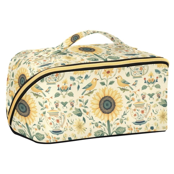 FORMRS Makeup Bag Travel Cosmetic Organizer for Women Fold Flat Zipper Pouch with Handle, Floral Birds Pattern