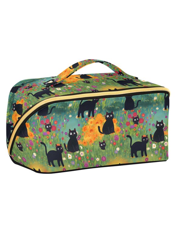 Makeup Bag Travel Cosmetic Organizer for Women Fold Flat Zipper Pouch with Handle, Floral Black Cats Pattern
