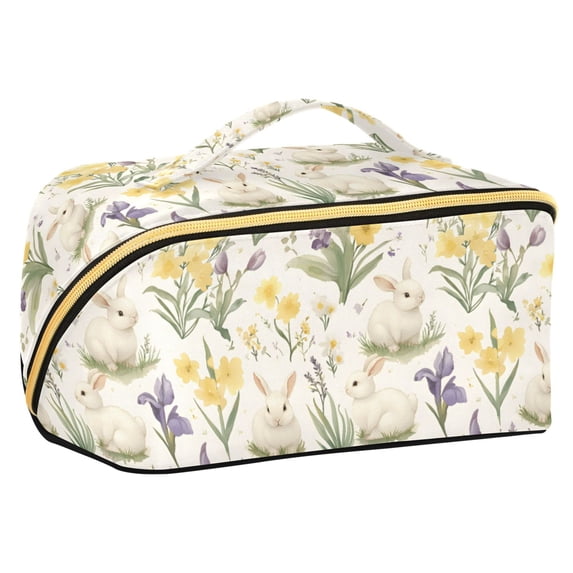 FORMRS Makeup Bag Travel Cosmetic Organizer for Women Fold Flat Zipper Pouch with Handle, Floral Rabbit