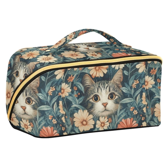 FORMRS Makeup Bag Travel Cosmetic Organizer for Women Fold Flat Zipper Pouch with Handle, Flowers Cat
