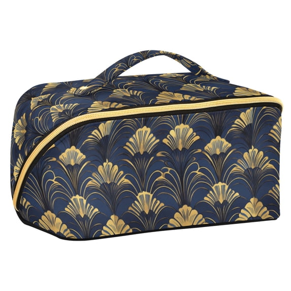 FORMRS Makeup Bag Travel Cosmetic Organizer for Women Fold Flat Zipper Pouch with Handle, Gold Art Pattern