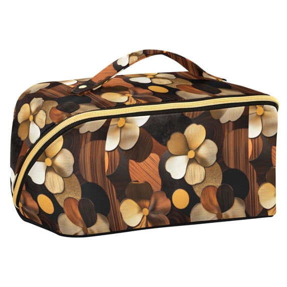 FORMRS Makeup Bag Travel Cosmetic Organizer for Women Fold Flat Zipper Pouch with Handle, Gold Flower