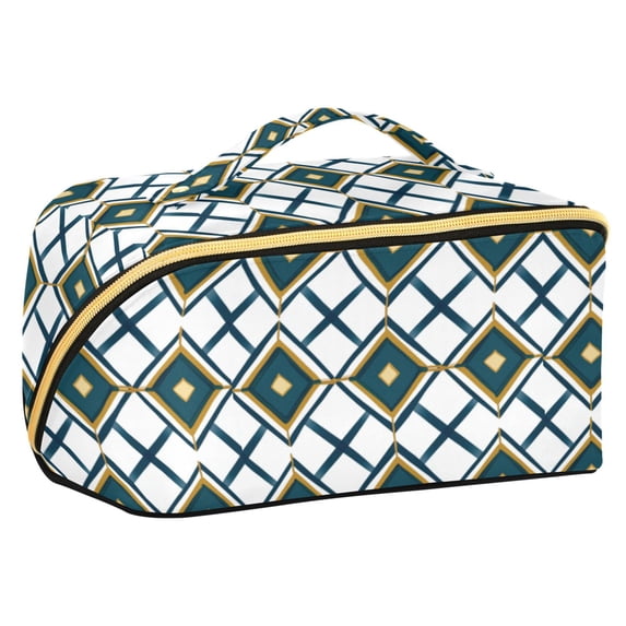 FORMRS Makeup Bag Travel Cosmetic Organizer for Women Fold Flat Zipper Pouch with Handle, Gold Geometric Pattern