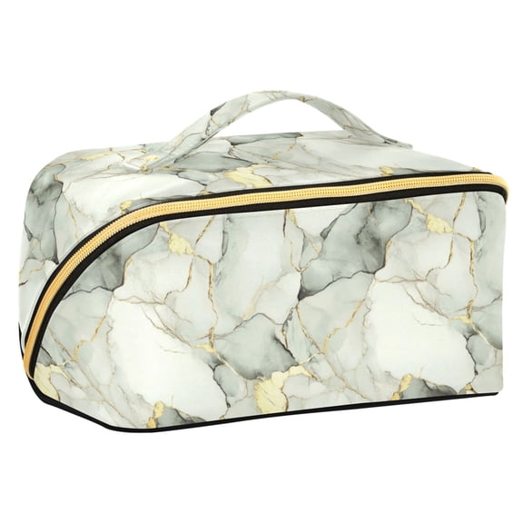 FORMRS Makeup Bag Travel Cosmetic Organizer for Women Fold Flat Zipper Pouch with Handle, Gray Marble Pattern