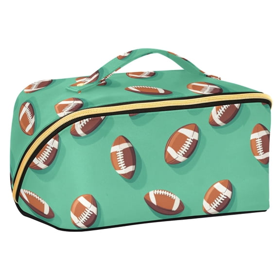 FORMRS Makeup Bag Travel Cosmetic Organizer for Women Fold Flat Zipper Pouch with Handle, Green American Footballs