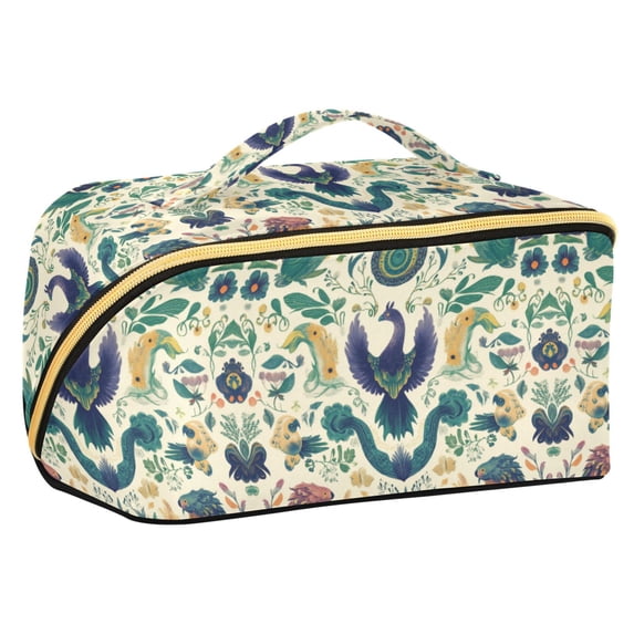 FORMRS Makeup Bag Travel Cosmetic Organizer for Women Fold Flat Zipper Pouch with Handle, Green Animals Pattern