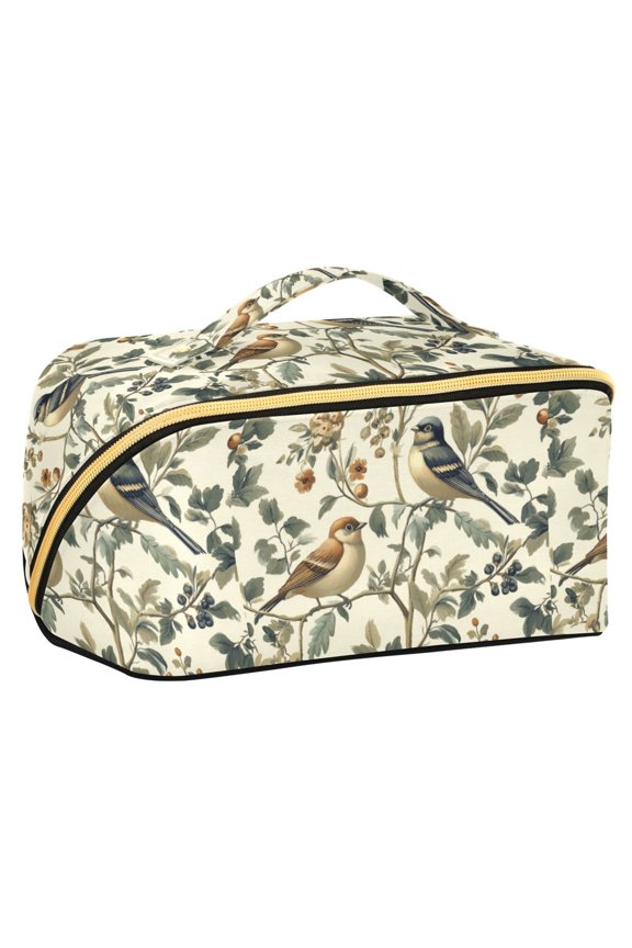 Makeup Bag Travel Cosmetic Organizer for Women Fold Flat Zipper Pouch with Handle, Green Birds