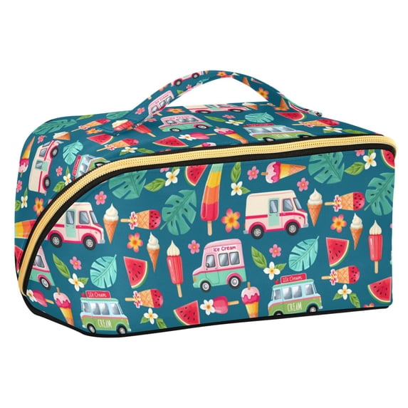 FORMRS Makeup Bag Travel Cosmetic Organizer for Women Fold Flat Zipper Pouch with Handle, Green Cartoon Truck Pattern