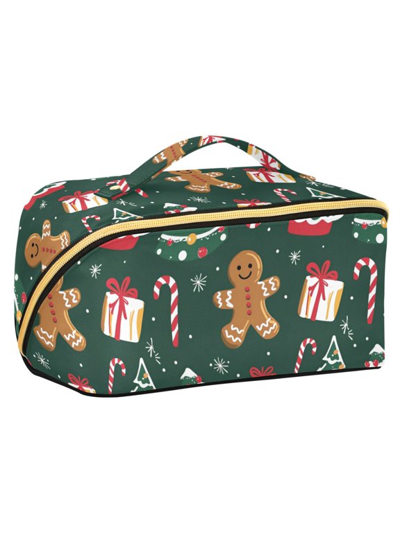 Makeup Bag Travel Cosmetic Organizer for Women Fold Flat Zipper Pouch with Handle, Green Christmas Gingerbread