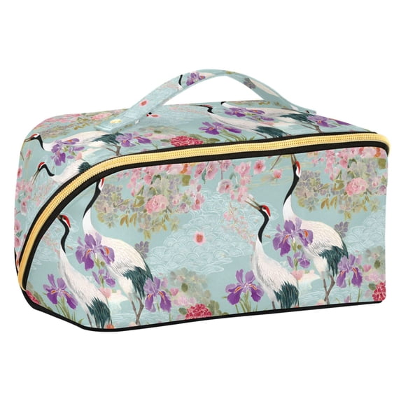 FORMRS Makeup Bag Travel Cosmetic Organizer for Women Fold Flat Zipper Pouch with Handle, Green Floral Cranes Pattern