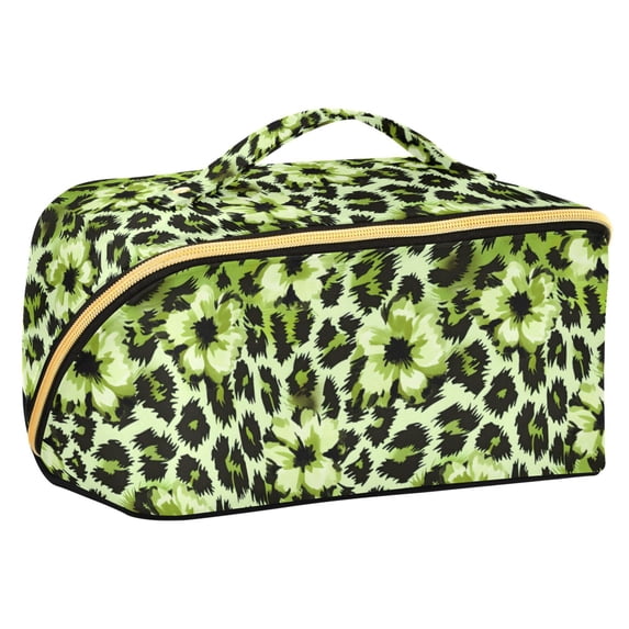 FORMRS Makeup Bag Travel Cosmetic Organizer for Women Fold Flat Zipper Pouch with Handle, Green Floral Leopard Pattern