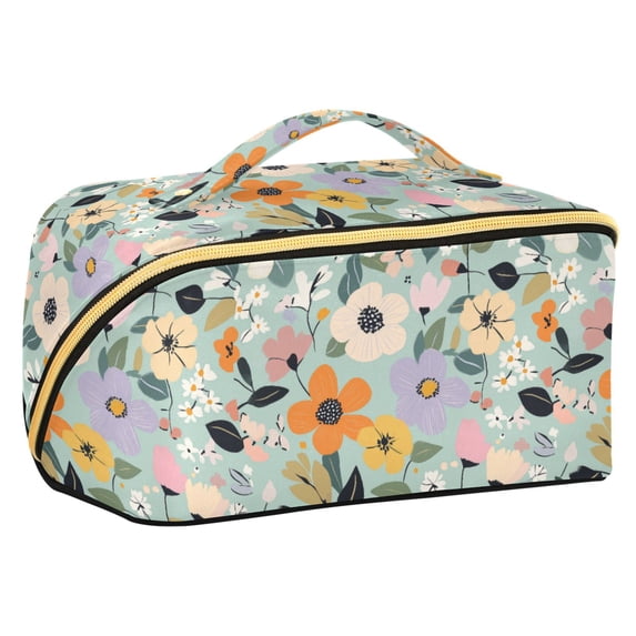FORMRS Makeup Bag Travel Cosmetic Organizer for Women Fold Flat Zipper Pouch with Handle, Green Floral Pattern
