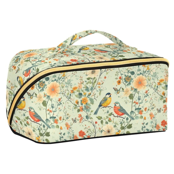 FORMRS Makeup Bag Travel Cosmetic Organizer for Women Fold Flat Zipper Pouch with Handle, Green Floral Pattern
