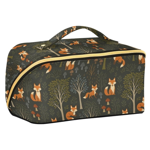 FORMRS Makeup Bag Travel Cosmetic Organizer for Women Fold Flat Zipper Pouch with Handle, Green Forest Fox Pattern