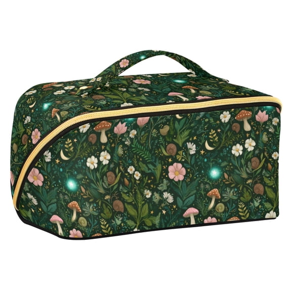 FORMRS Makeup Bag Travel Cosmetic Organizer for Women Fold Flat Zipper Pouch with Handle, Green Forest Pattern