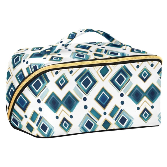 FORMRS Makeup Bag Travel Cosmetic Organizer for Women Fold Flat Zipper Pouch with Handle, Green Geometric Pattern