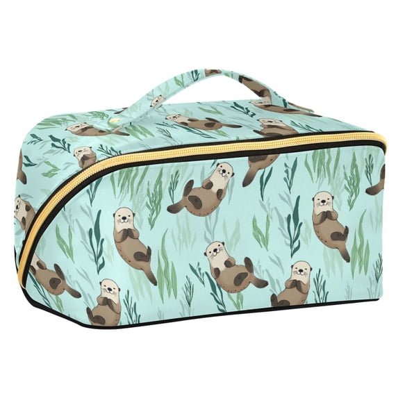 FORMRS Makeup Bag Travel Cosmetic Organizer for Women Fold Flat Zipper Pouch with Handle, Green Otters Pattern