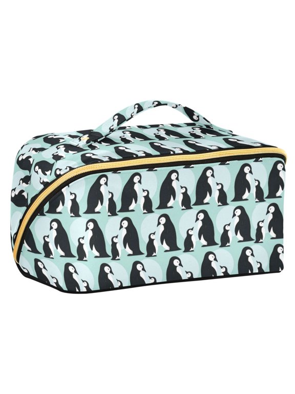Makeup Bag Travel Cosmetic Organizer for Women Fold Flat Zipper Pouch with Handle, Green Penguins Pattern