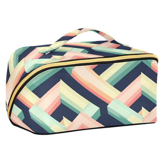 FORMRS Makeup Bag Travel Cosmetic Organizer for Women Fold Flat Zipper Pouch with Handle, Green Stripes
