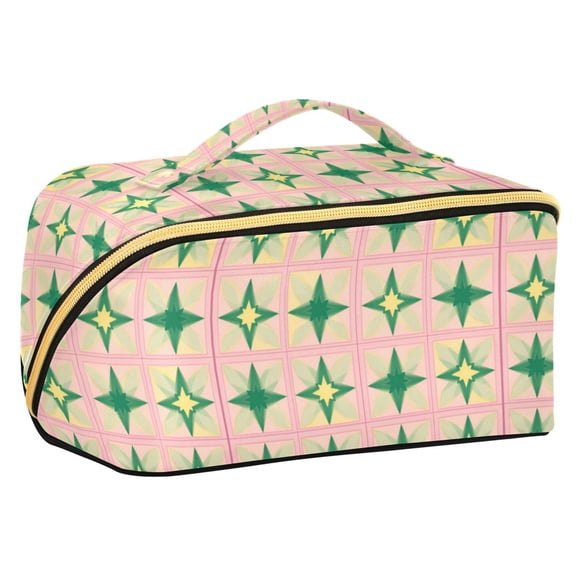 FORMRS Makeup Bag Travel Cosmetic Organizer for Women Fold Flat Zipper Pouch with Handle, Green Symmetrical Stars