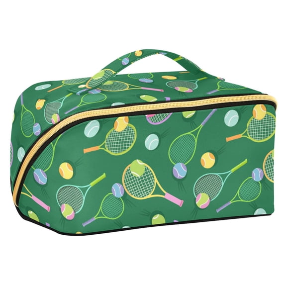 FORMRS Makeup Bag Travel Cosmetic Organizer for Women Fold Flat Zipper Pouch with Handle, Green Tennis Pattern